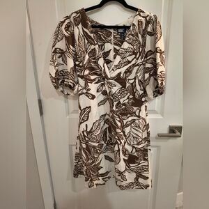 Lands' End Brown and White Leaf Print Dress